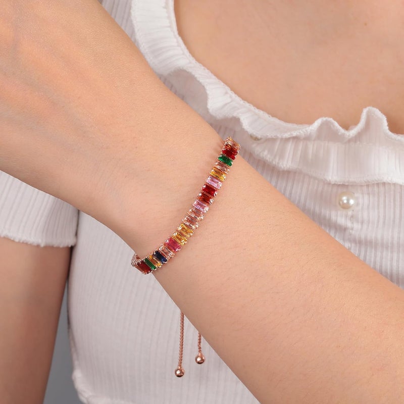 CiNily Adjustable Tennis Bracelets for Women Teen Girls Rainbow Cubic Zirconia Bracelet 14K White Gold Plated Hypoallergenic Slider Bracelet Jewelry Gift - Image 2